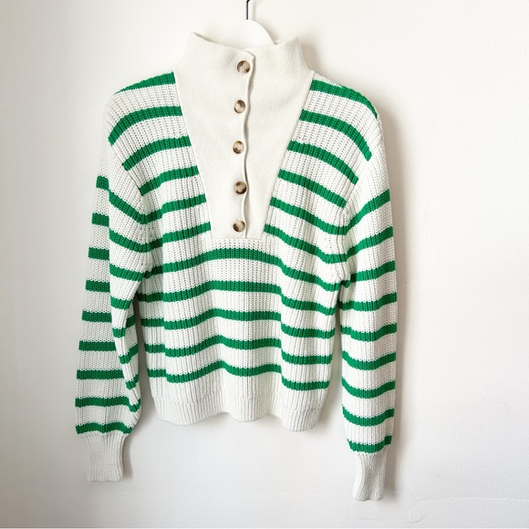Sezane Kyam Sweater Ecru and Green Stripe Cotton Wool Blend - Size Medium - Picture 2 of 11